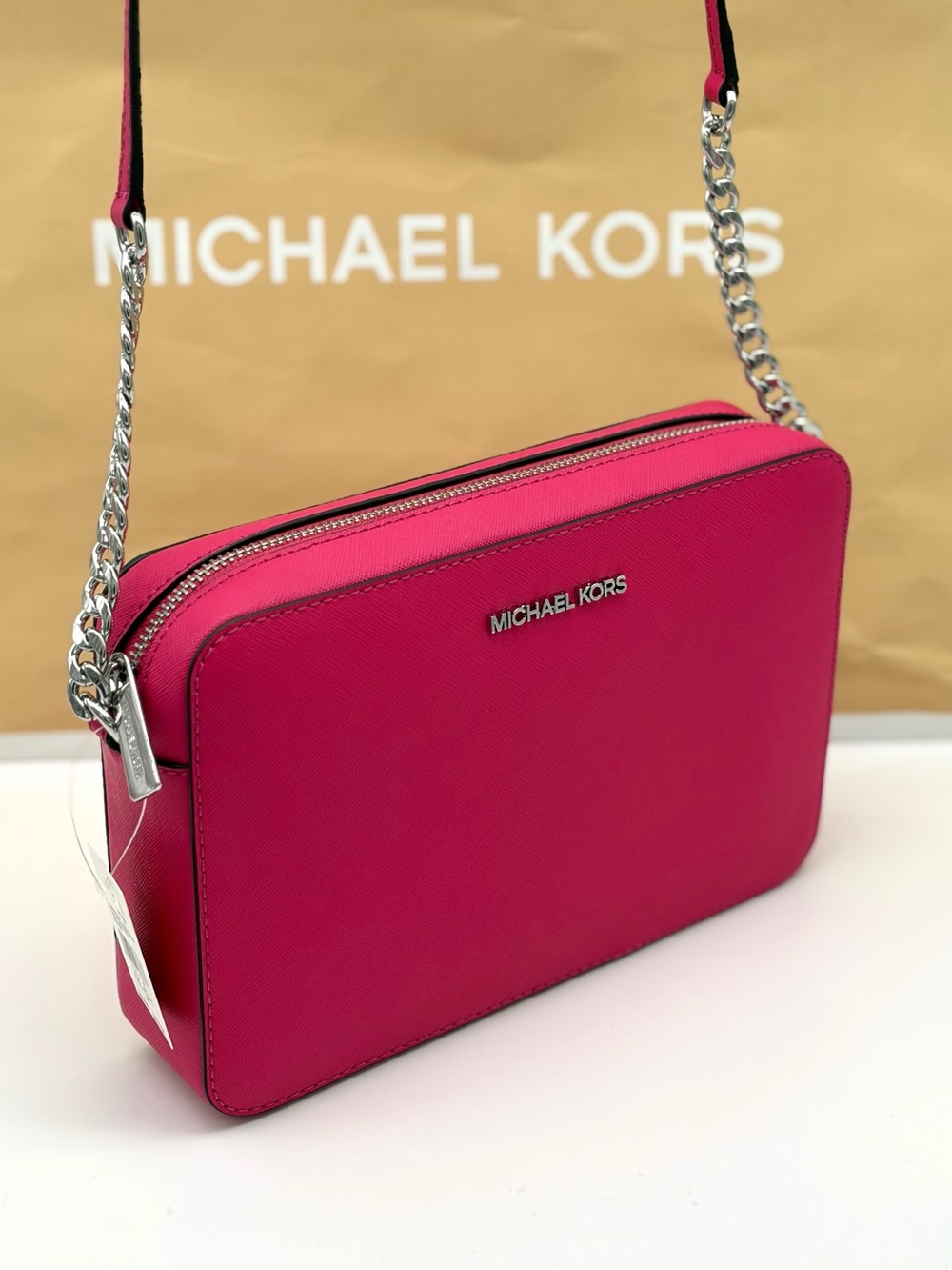 Michael Kors Jet Set Travel Crossbody Bag with Silver Chain Dragonfruit
